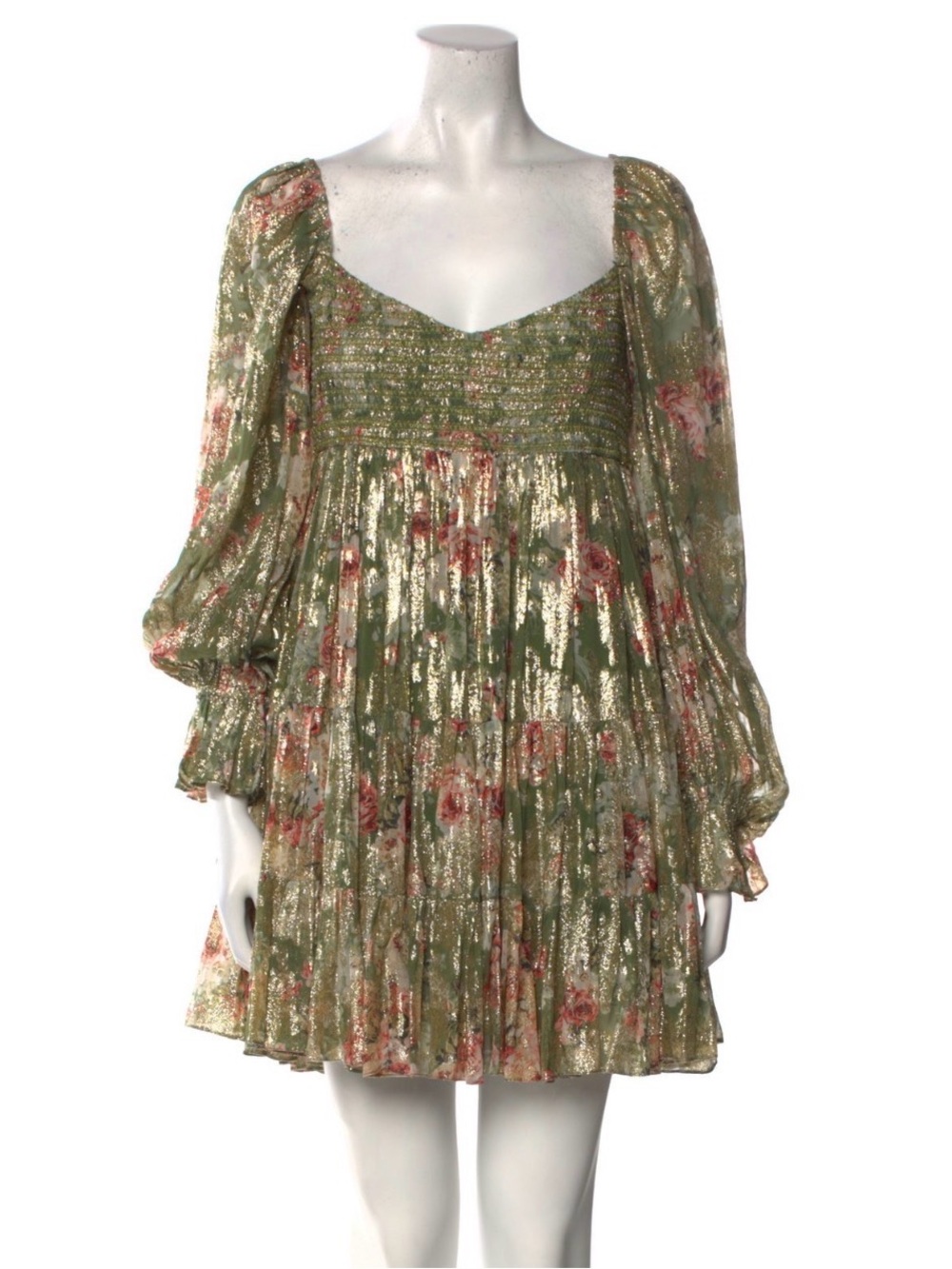 HEMANT & NANDITA Olive Green Floral Metallic Smocked Mini Dress